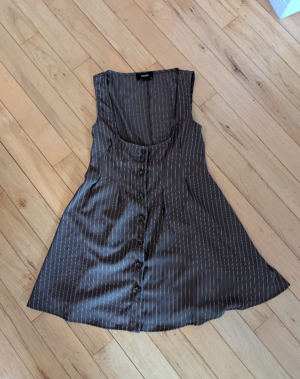 Brown Pinstripe Button-Front Sleeveless Dress